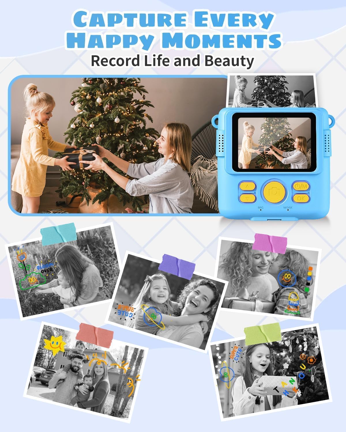 Instant Print Camera for Kids with Video Recording and Digital Zoom