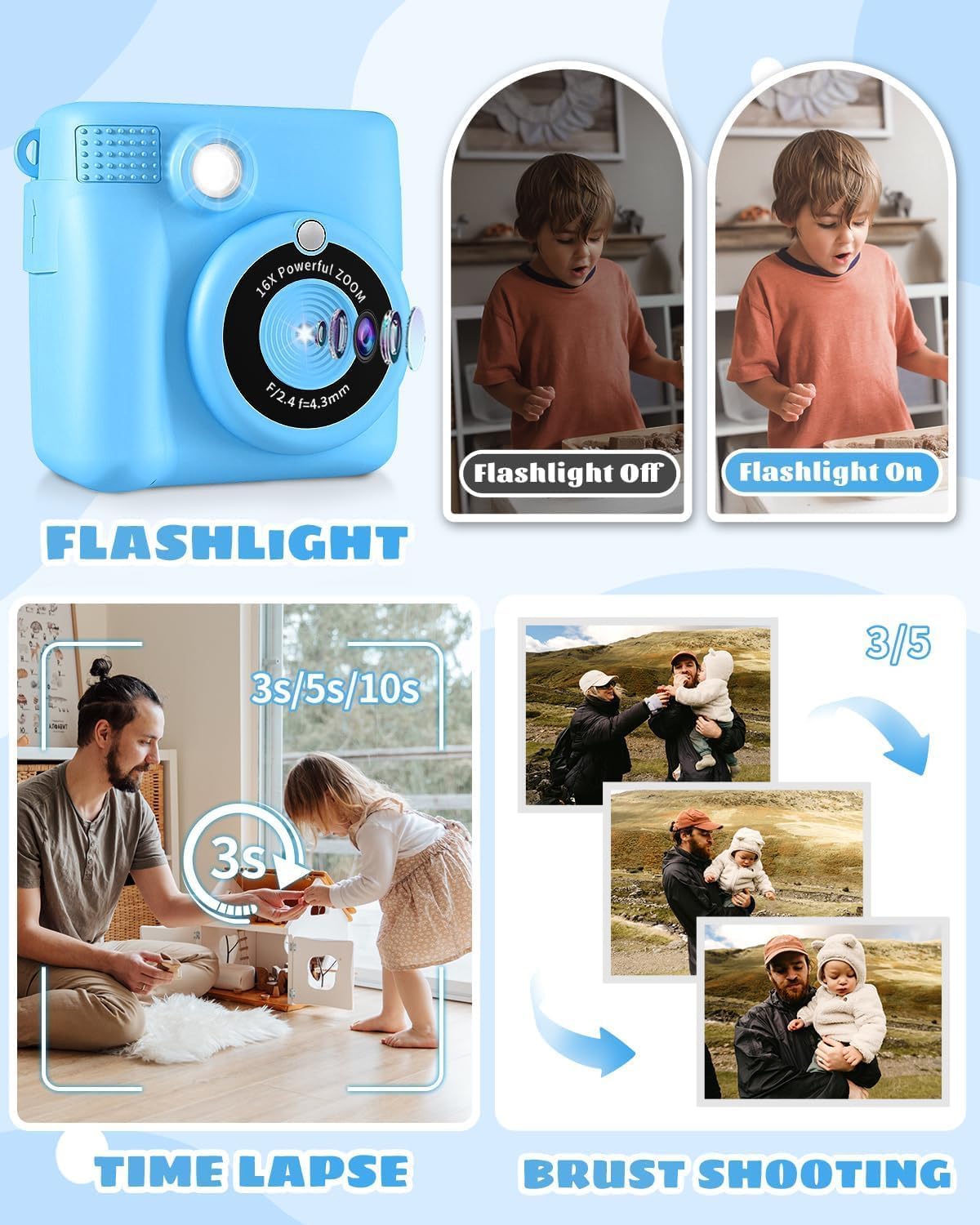 Instant Print Camera for Kids with Video Recording and Digital Zoom
