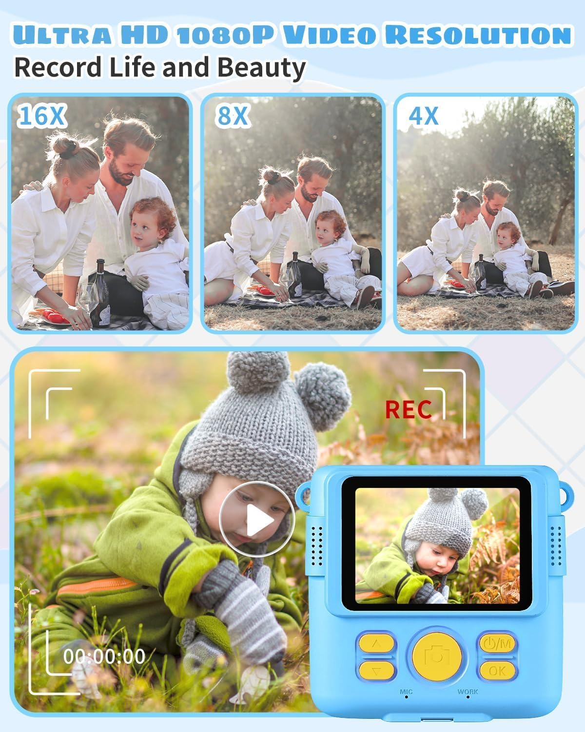 Instant Print Camera for Kids with Video Recording and Digital Zoom