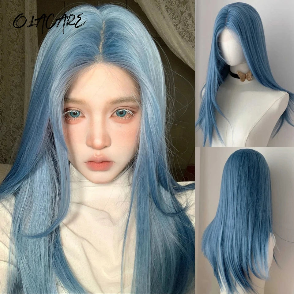 Long Straight Blue Synthetic Cosplay Wig for Halloween and Costume Parties
