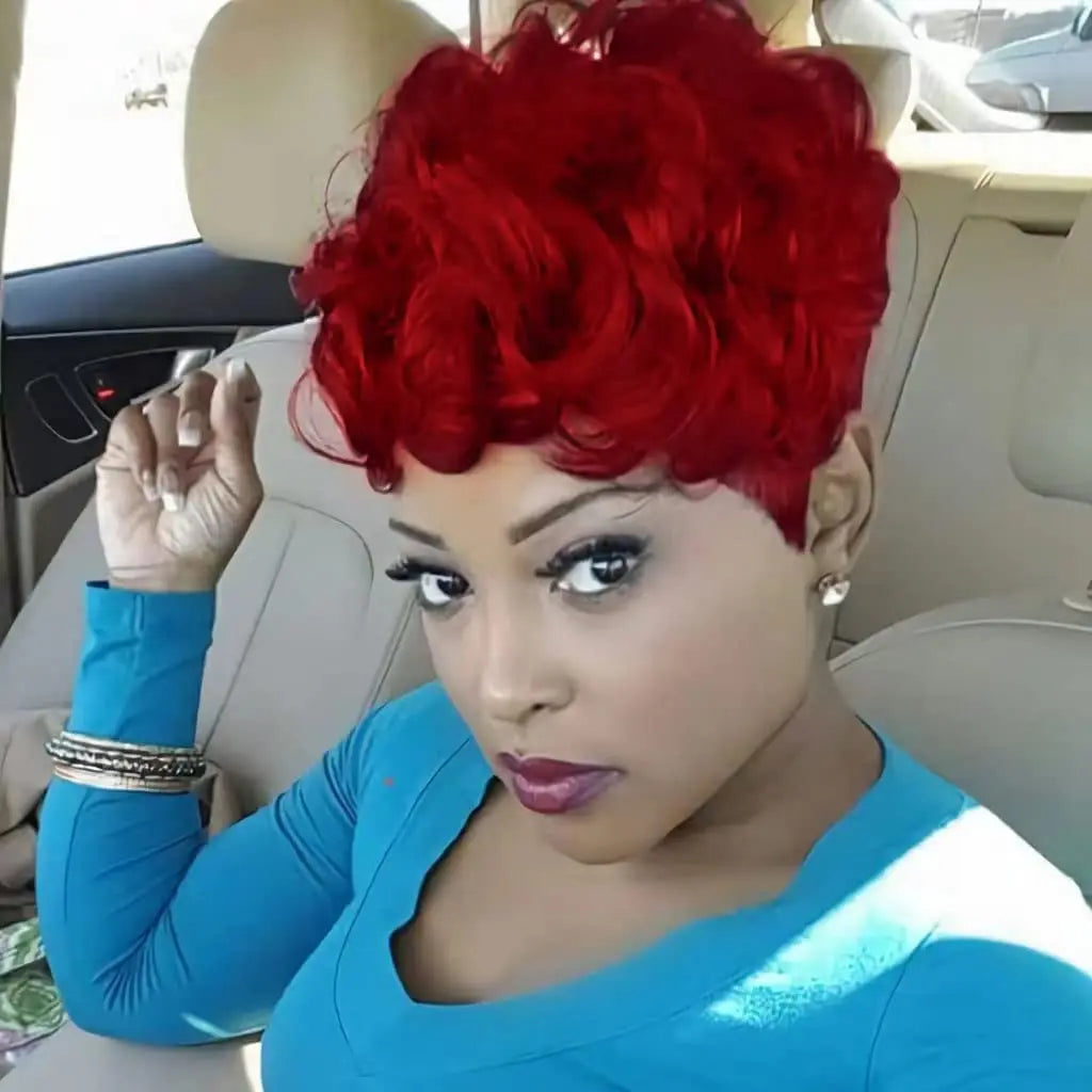 Short Fluffy Red Pixie Cut Curly Wig for Women - 1