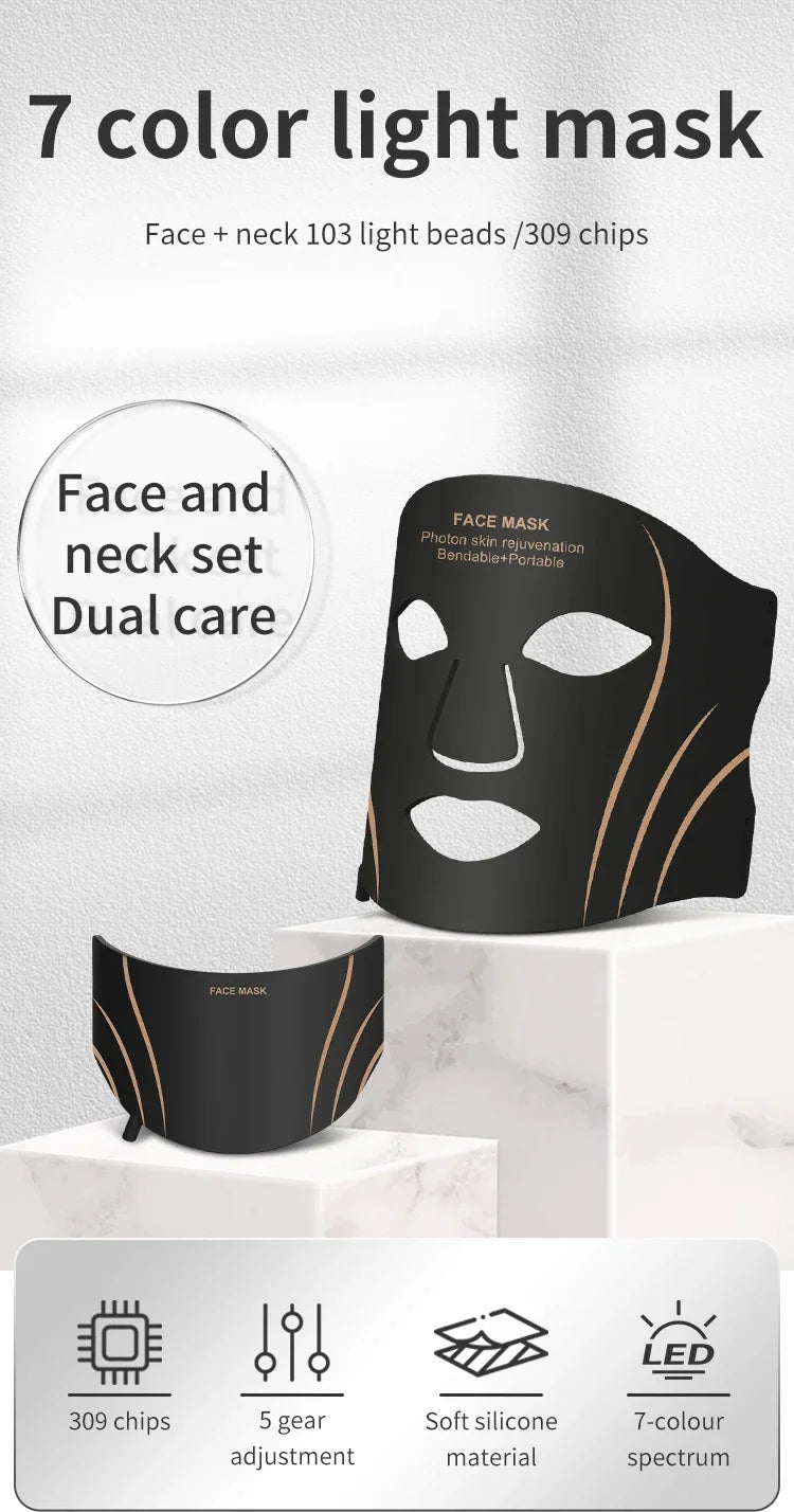 7-Color LED Light Therapy Face and Neck Mask for Skin Rejuvenation - 7