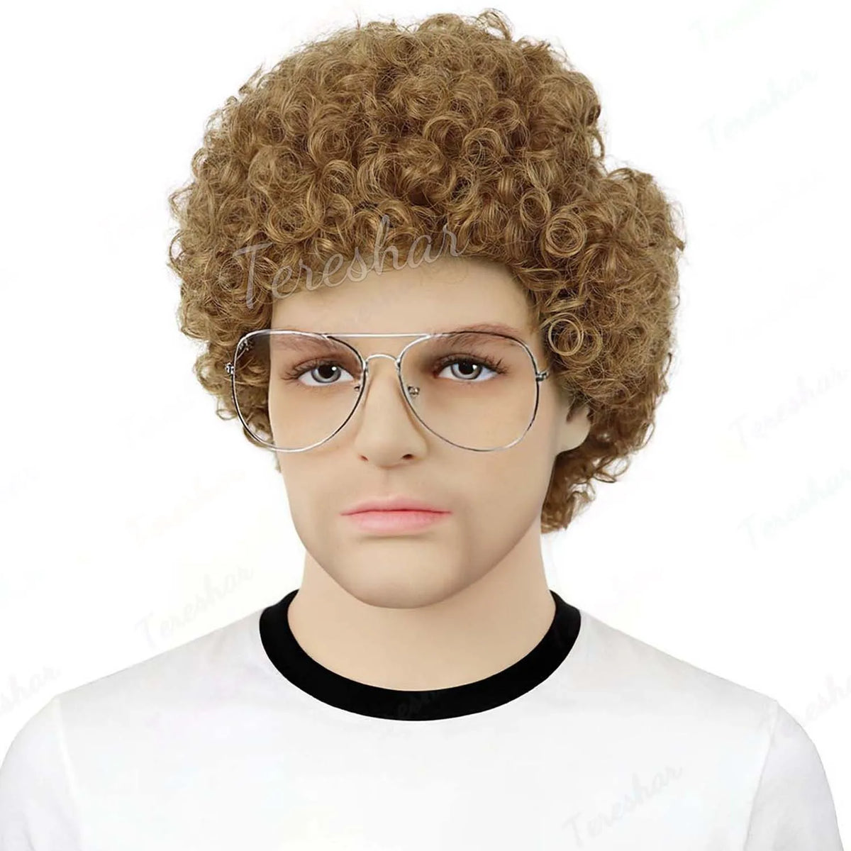 Short Brown Curly Afro Wig with Glasses for Men Costume and Cosplay