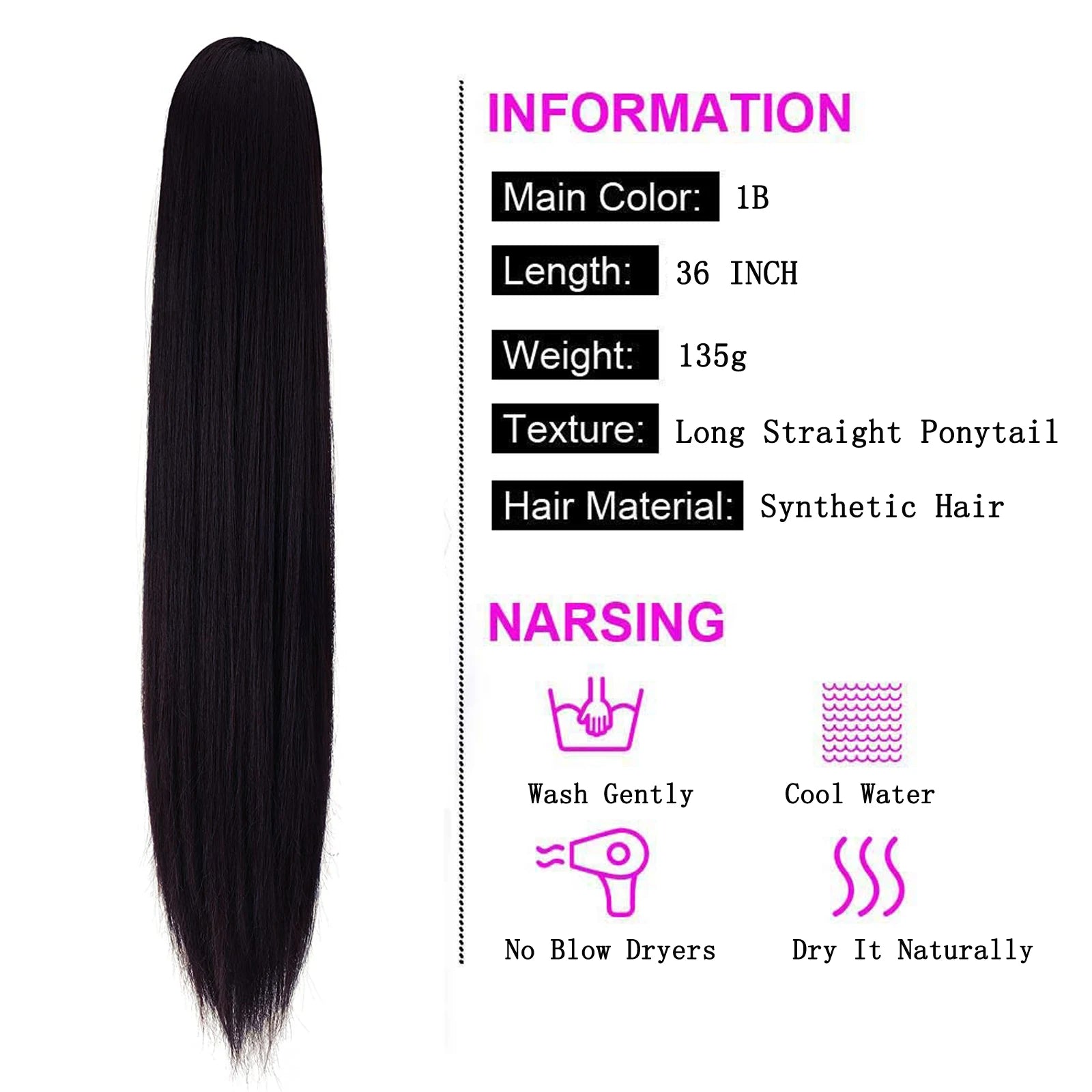 36 Inch Long Kinky Straight Drawstring Ponytail Extension for Women - 2