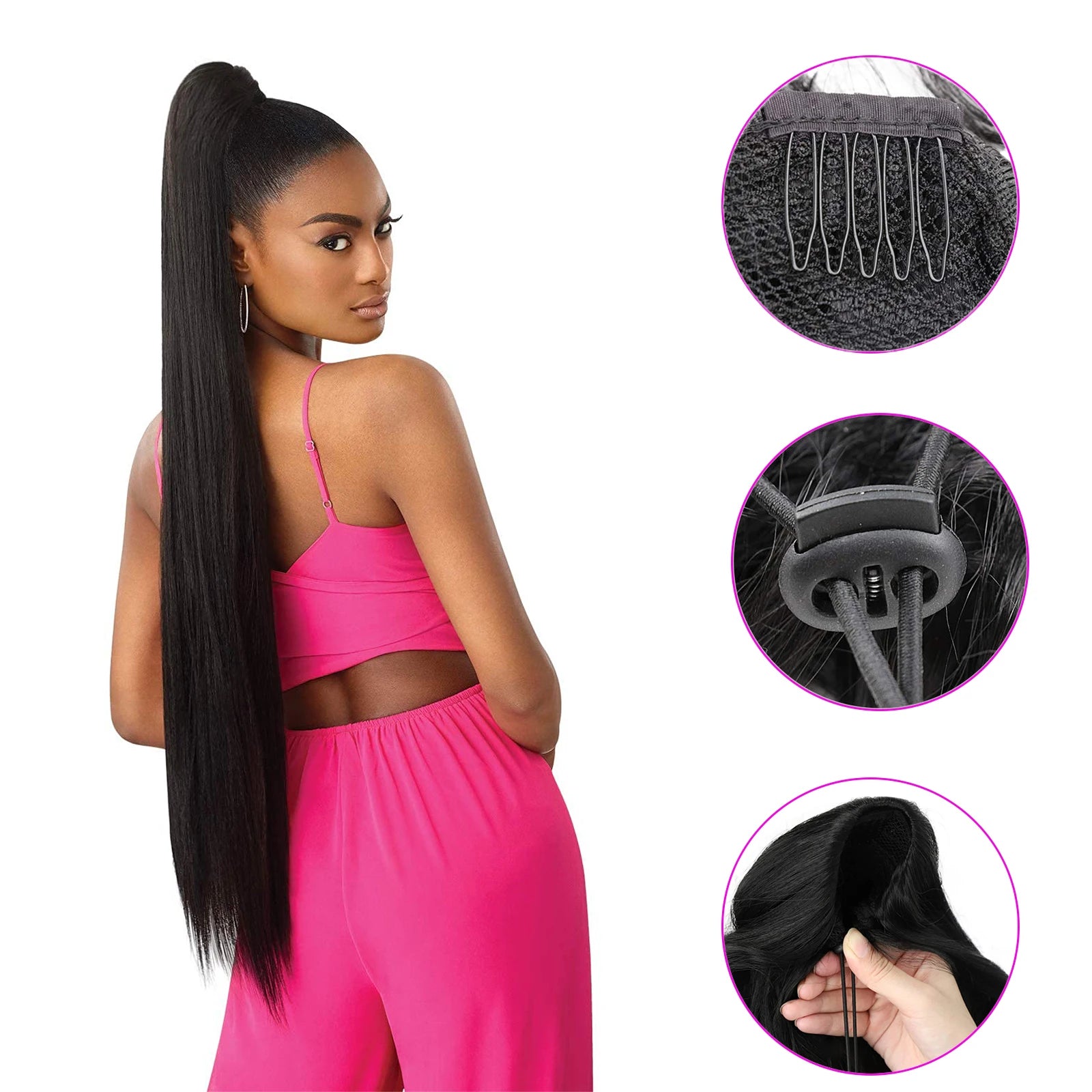 36 Inch Long Kinky Straight Drawstring Ponytail Extension for Women - 5