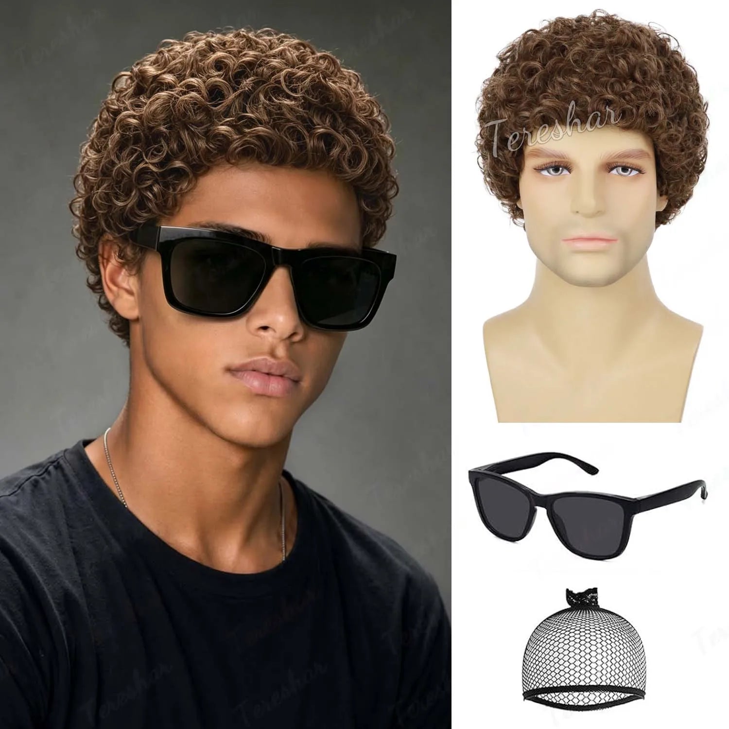 Short Curly Afro Wig with Sunglasses for Men Costume and Cosplay - 13