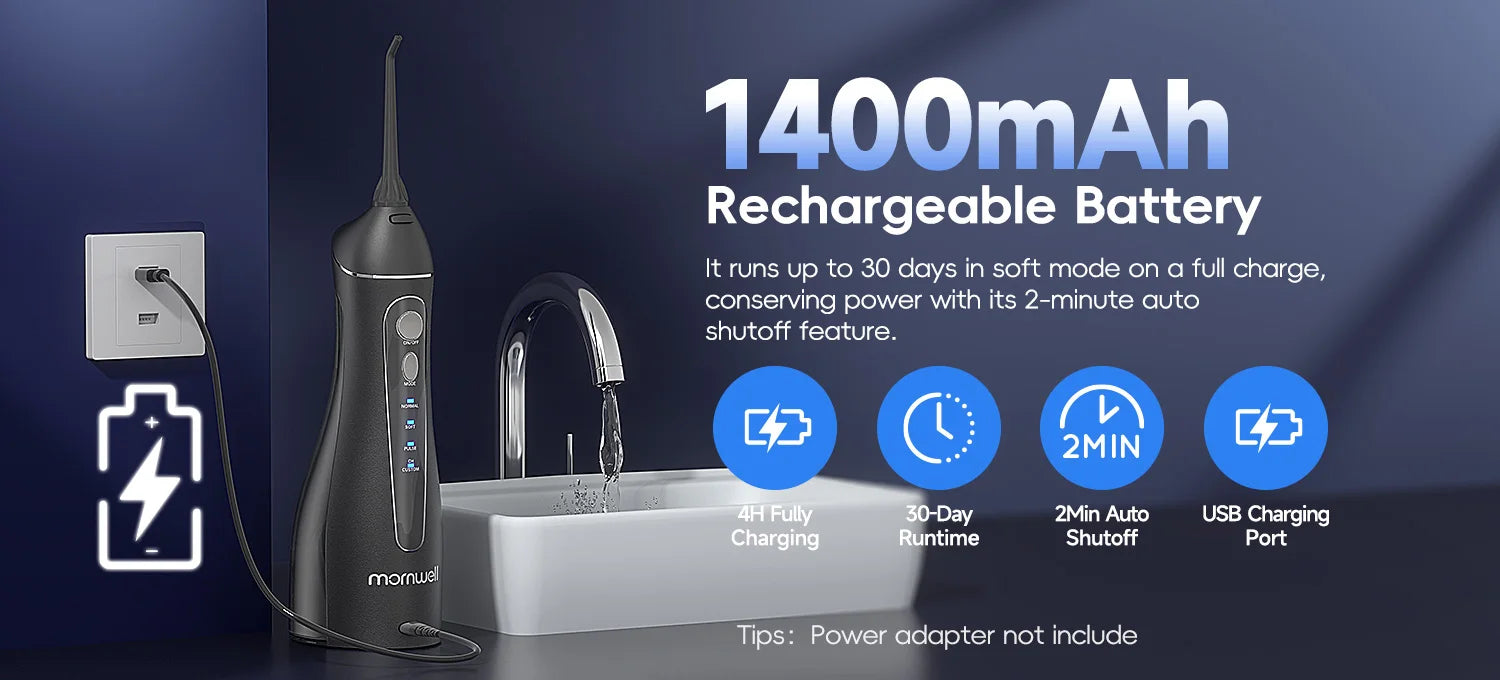 Cordless Water Flosser for Teeth with 4 Pressure Settings and 4 Jet Tips - 10