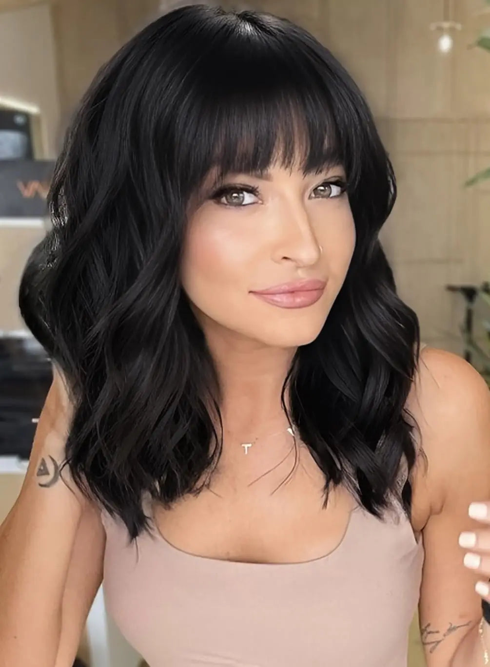 Short Curly Bob Wig with Natural Bangs for Women - 1