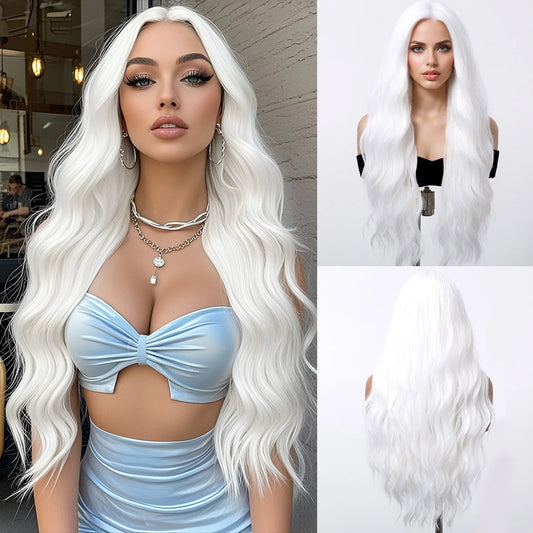 Long Wavy Silver White Synthetic Wig for Cosplay and Daily Wear