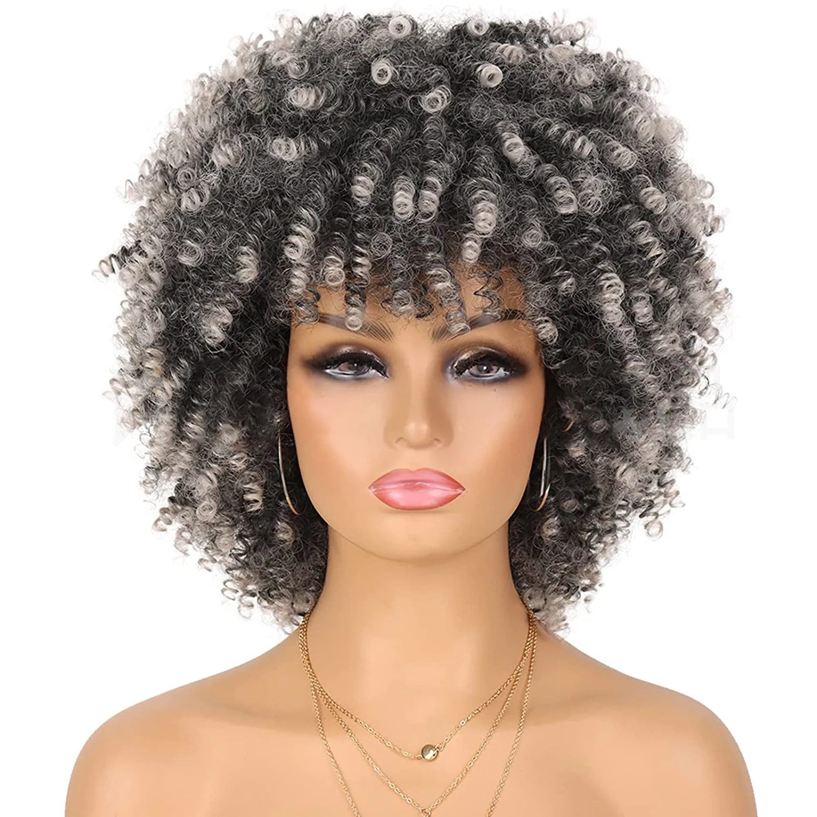 Short Afro Kinky Curly Synthetic Wig with Bangs for Daily Hair Styling - 15