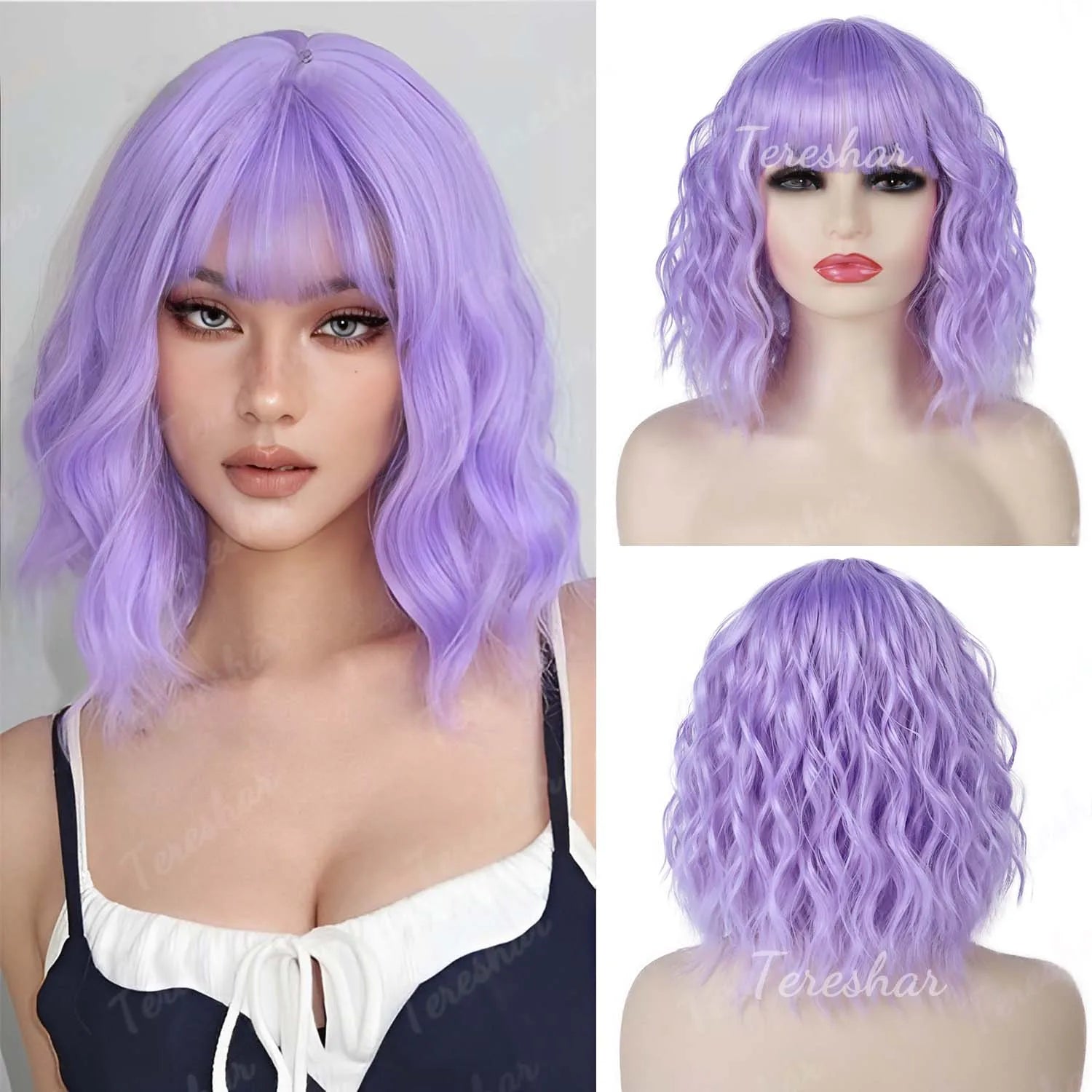 Short Wavy White Wig with Bangs for Cosplay and Daily Wear - 11