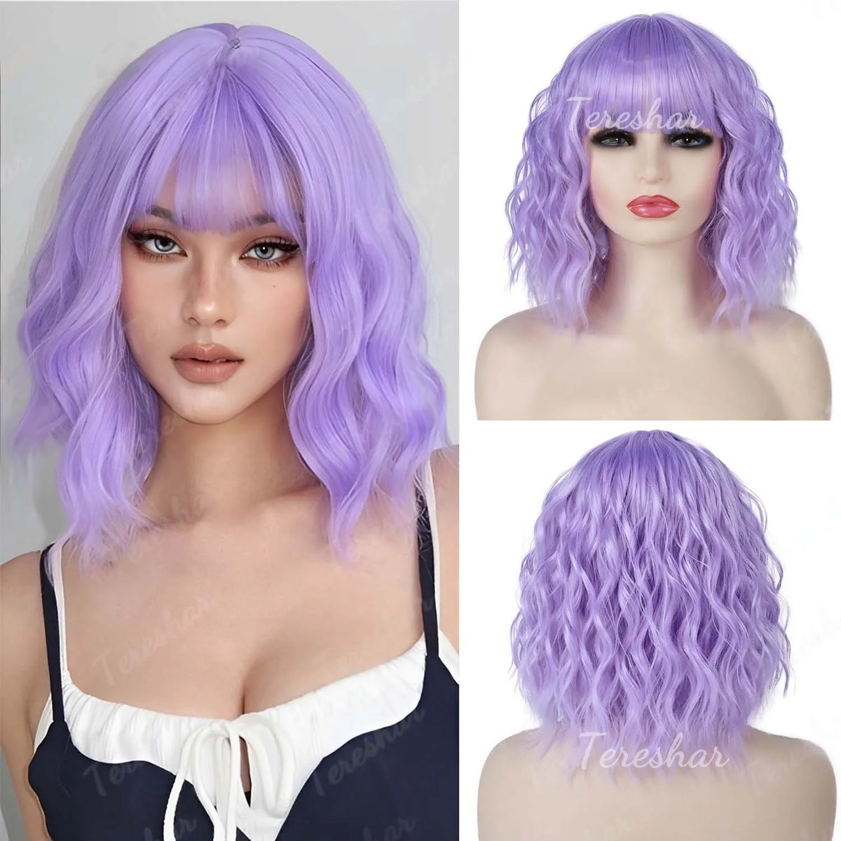 Short Wavy White Wig with Bangs for Cosplay and Daily Wear