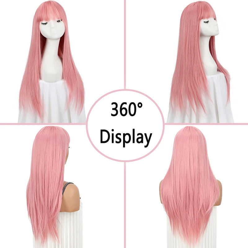 Long Straight Synthetic Wig with Full Bangs for Cosplay and Daily Wear