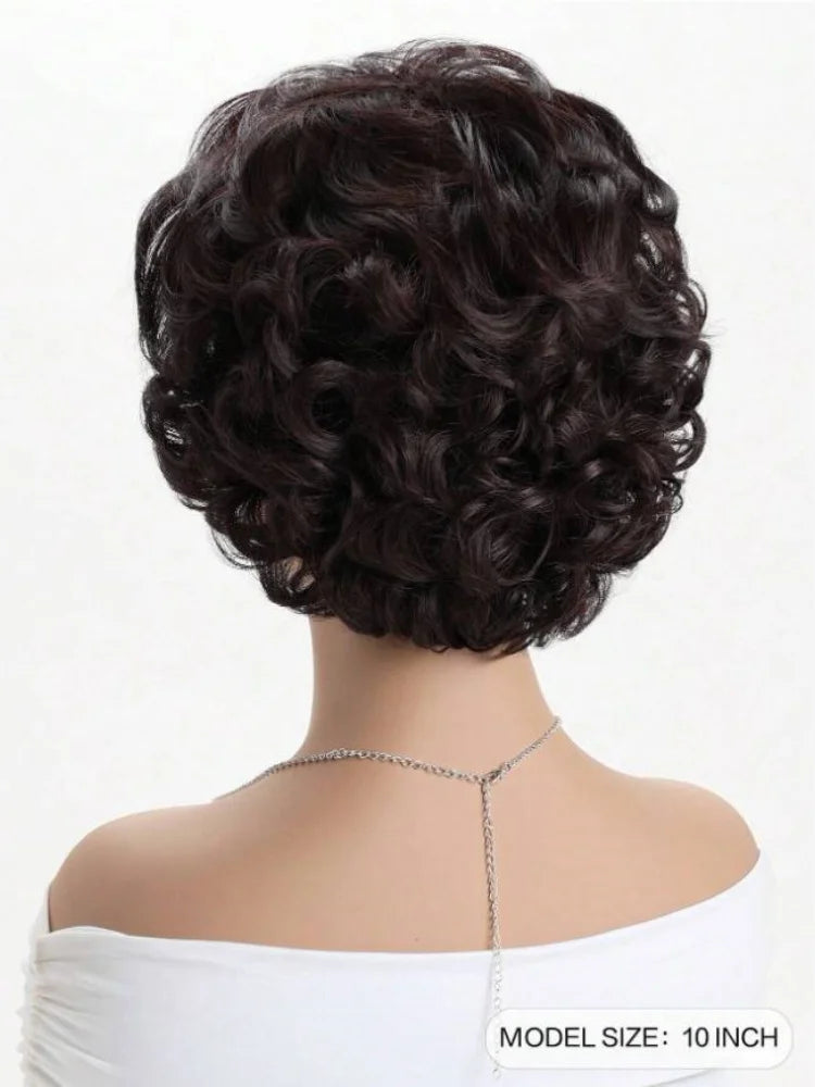 Short Curly Wavy Brown Wig with Bangs for Women