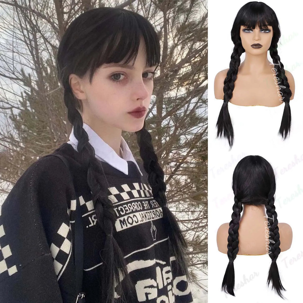 Long Braided Pigtail Wig with Bangs for Halloween and Cosplay Events
