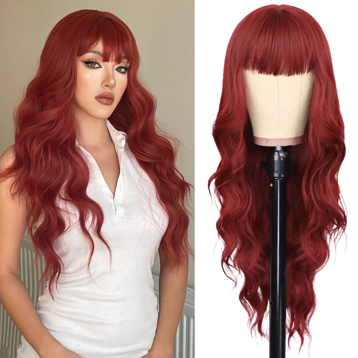 Long Wavy Synthetic Wig with Bangs for Daily Use and Parties