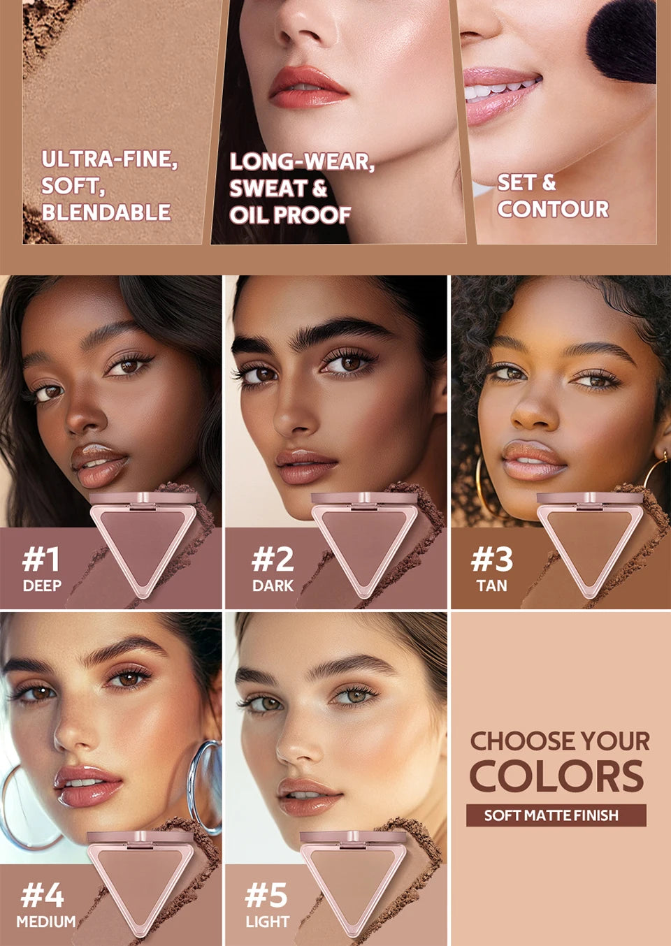 Long-Lasting Matte Bronzer Powder for Smooth Face Contouring