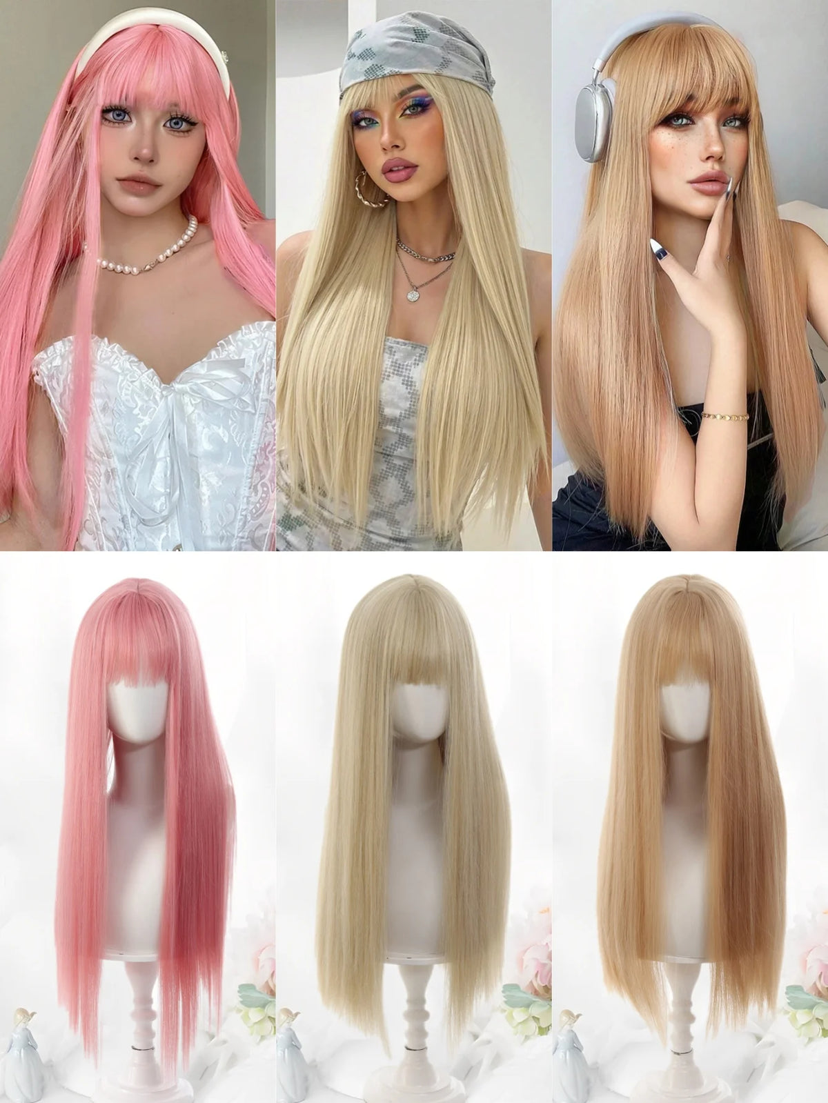 24 Inch Long Pink Cosplay Wig with Bangs