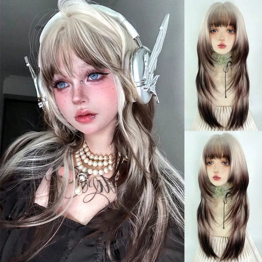 Long Wavy Ginger Synthetic Wig with Bangs