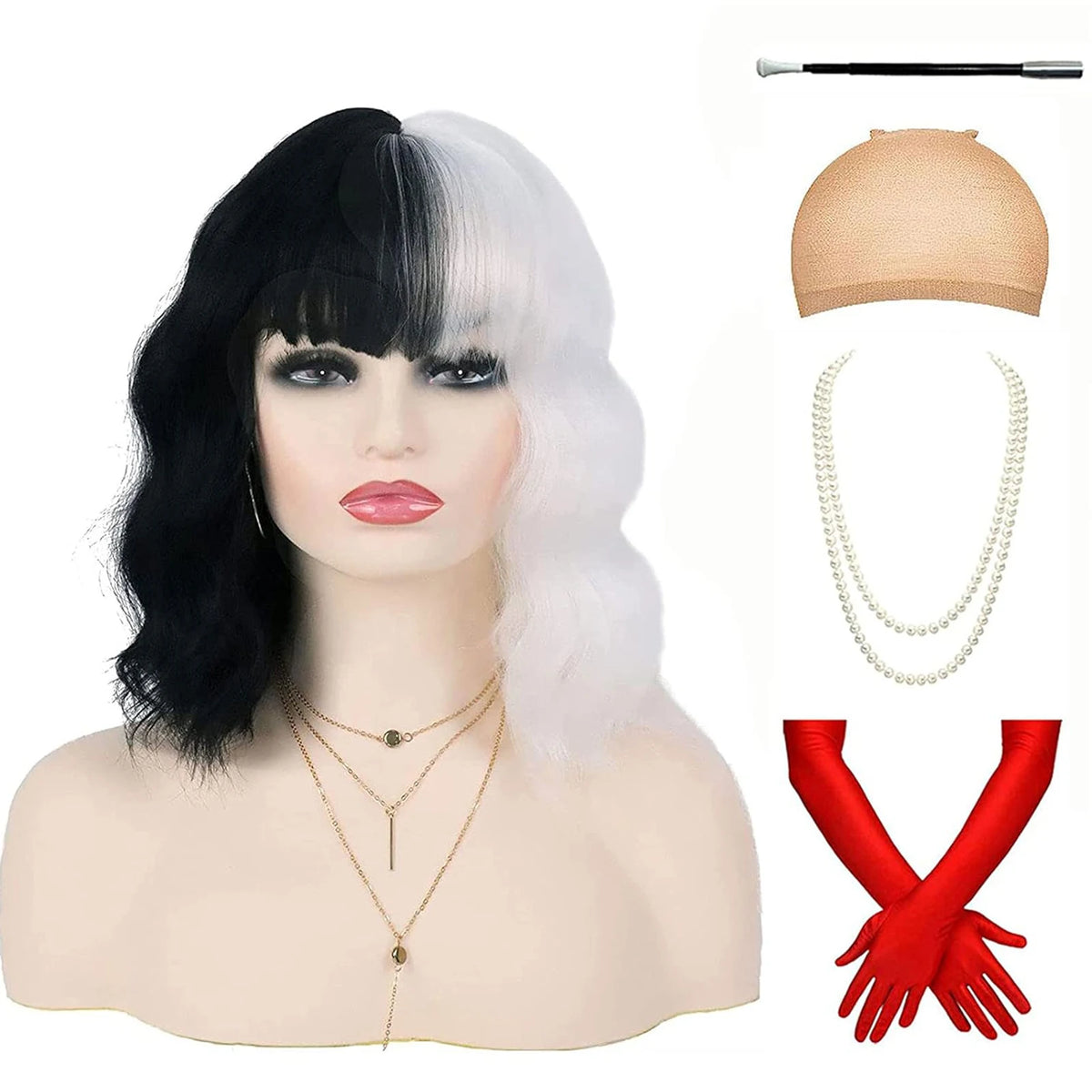 Black and White Two-Tone Synthetic Wig for Cosplay and Party