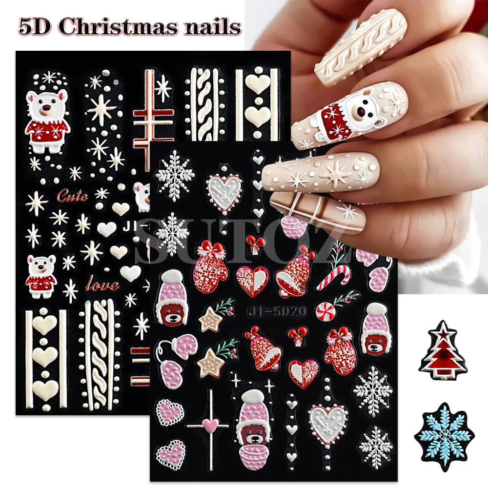 5D Embossed Christmas Nail Art Stickers for Winter Holiday Manicures