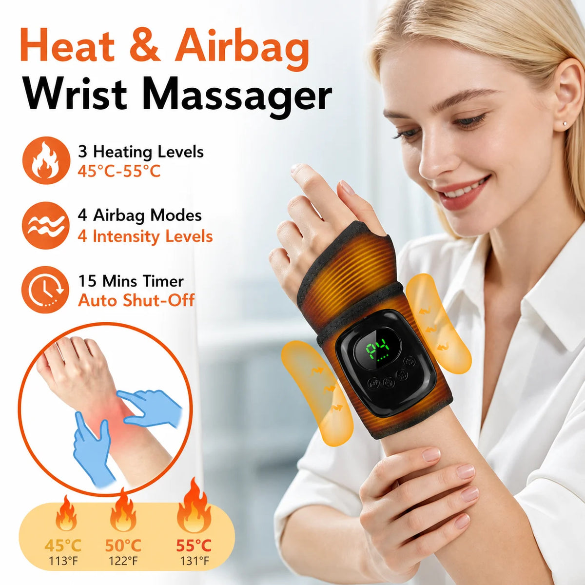 Cordless Heated Air Compression Wrist Massager for Pain Relief