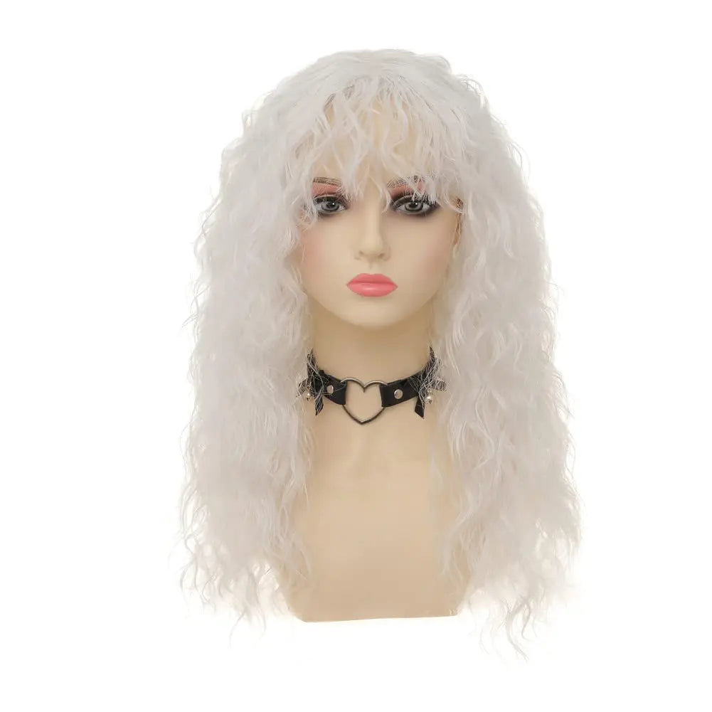 White Curly Wavy Costume Wig with Bangs for Cosplay and Halloween