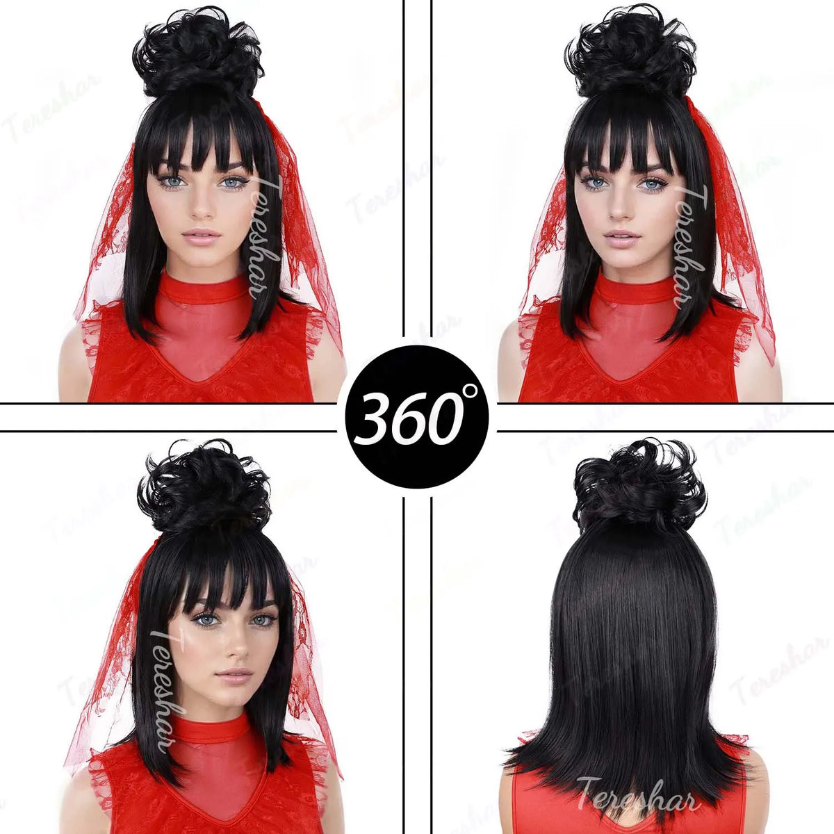 Black Costume Wig with Detachable Bun for Halloween and Cosplay Parties