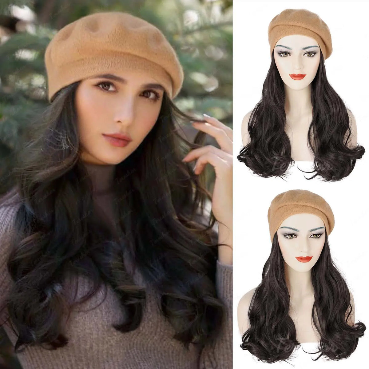 Long Curly Hair Extension Beret Hat for Women