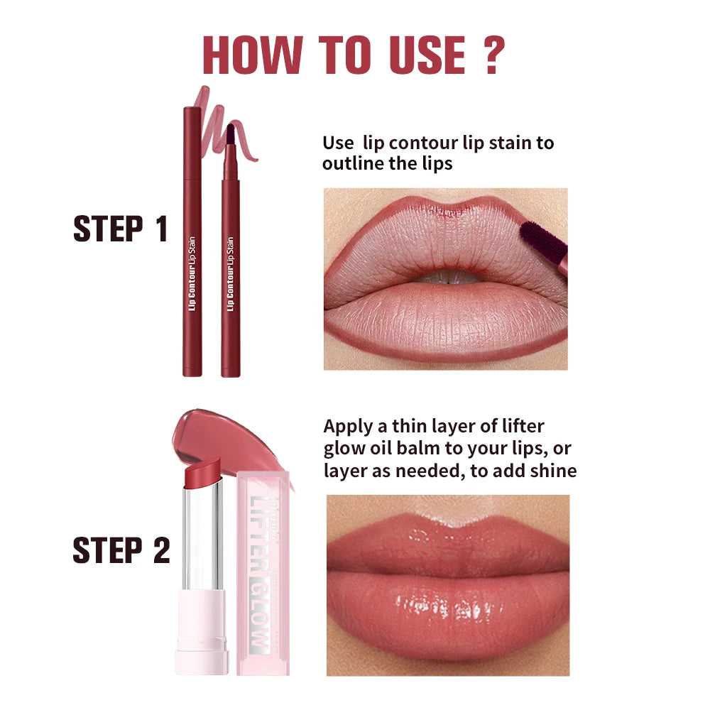 Long-Lasting Lip Contour Stain and Hydrating Glow Balm Makeup Kit - 4