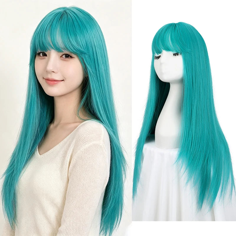 Long Straight Synthetic Wig with Full Bangs for Cosplay and Daily Wear
