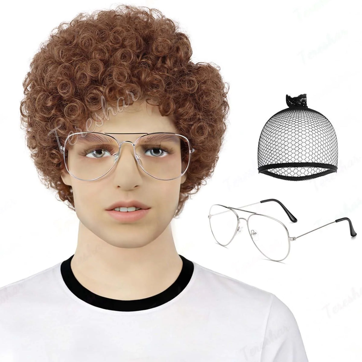 Short Brown Curly Afro Wig with Glasses for Men Costume and Cosplay