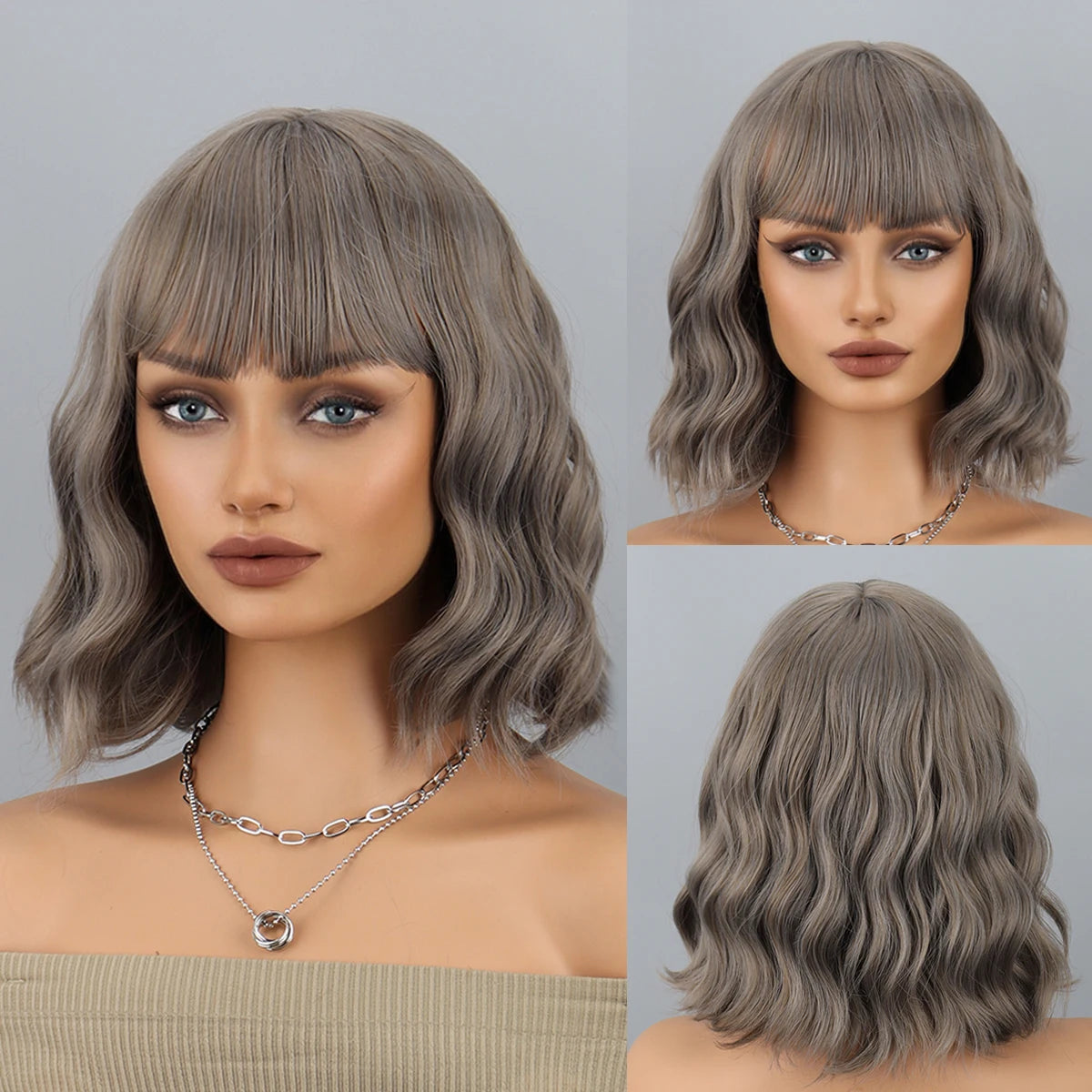 Short Wavy Bob Wig with Bangs for Daily Wear