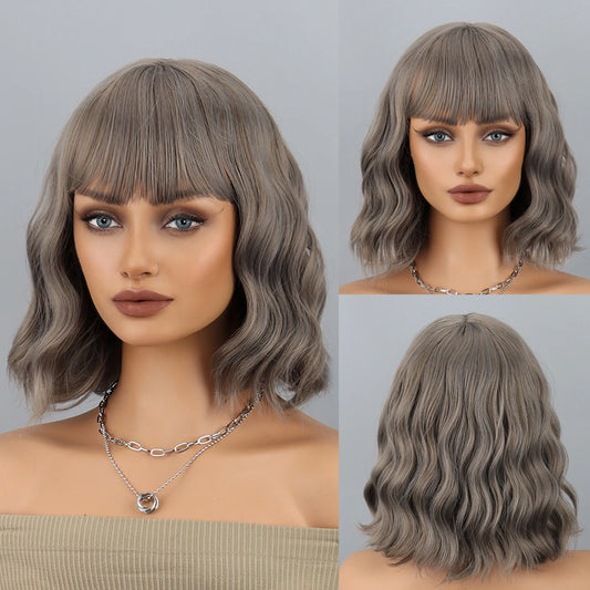 Short Wavy Bob Wig with Bangs for Daily Wear