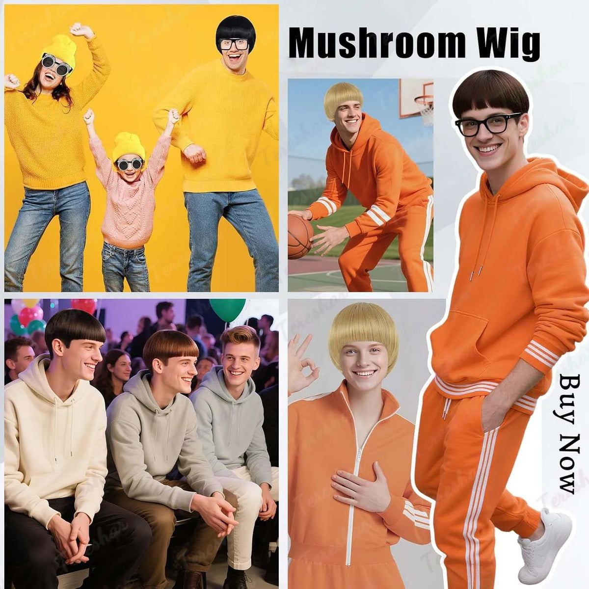 Short Synthetic Mushroom Wig with Glasses for Costume Parties