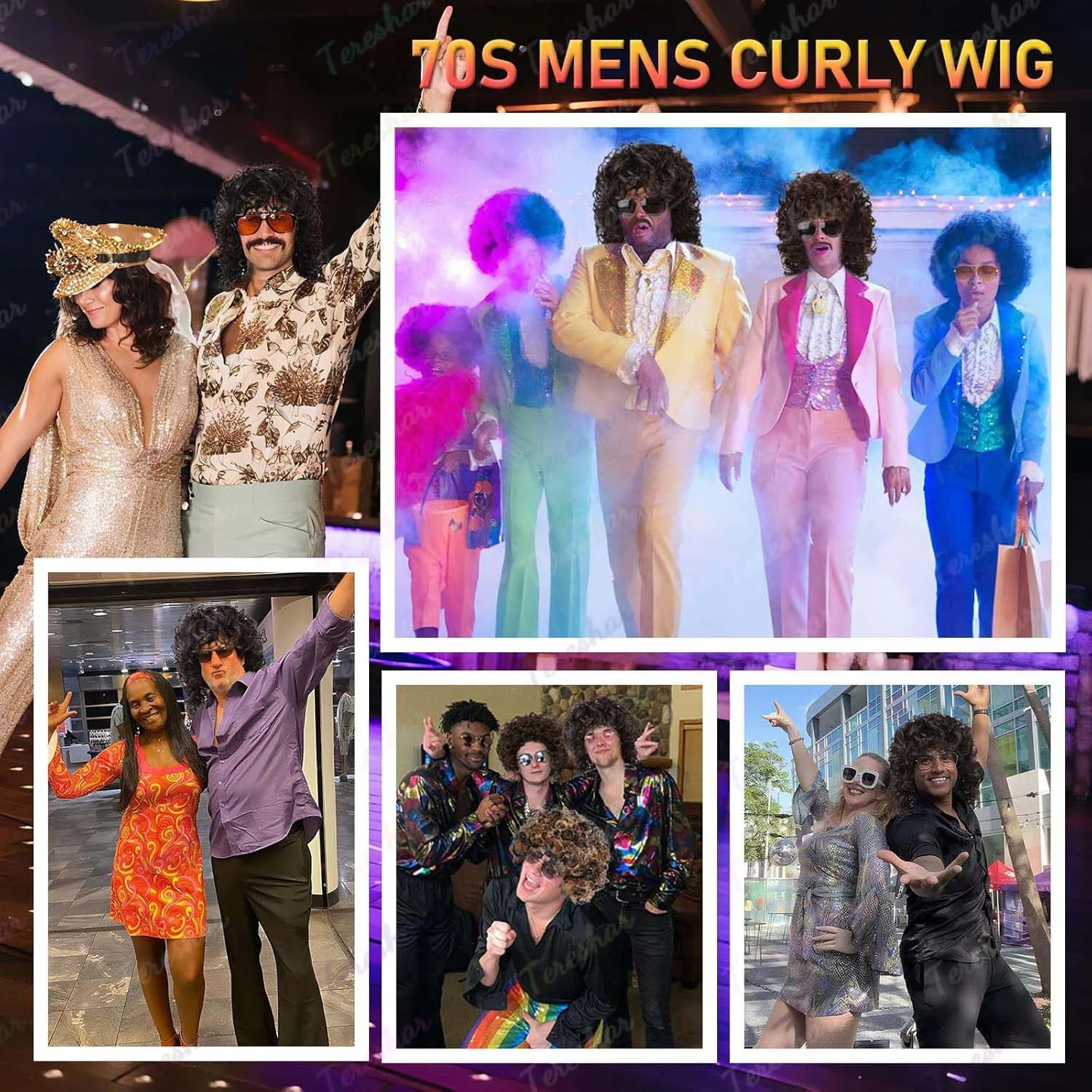 80s Rocker Curly Wig Set with Mustache Glasses and Gold Chain for Men - 5