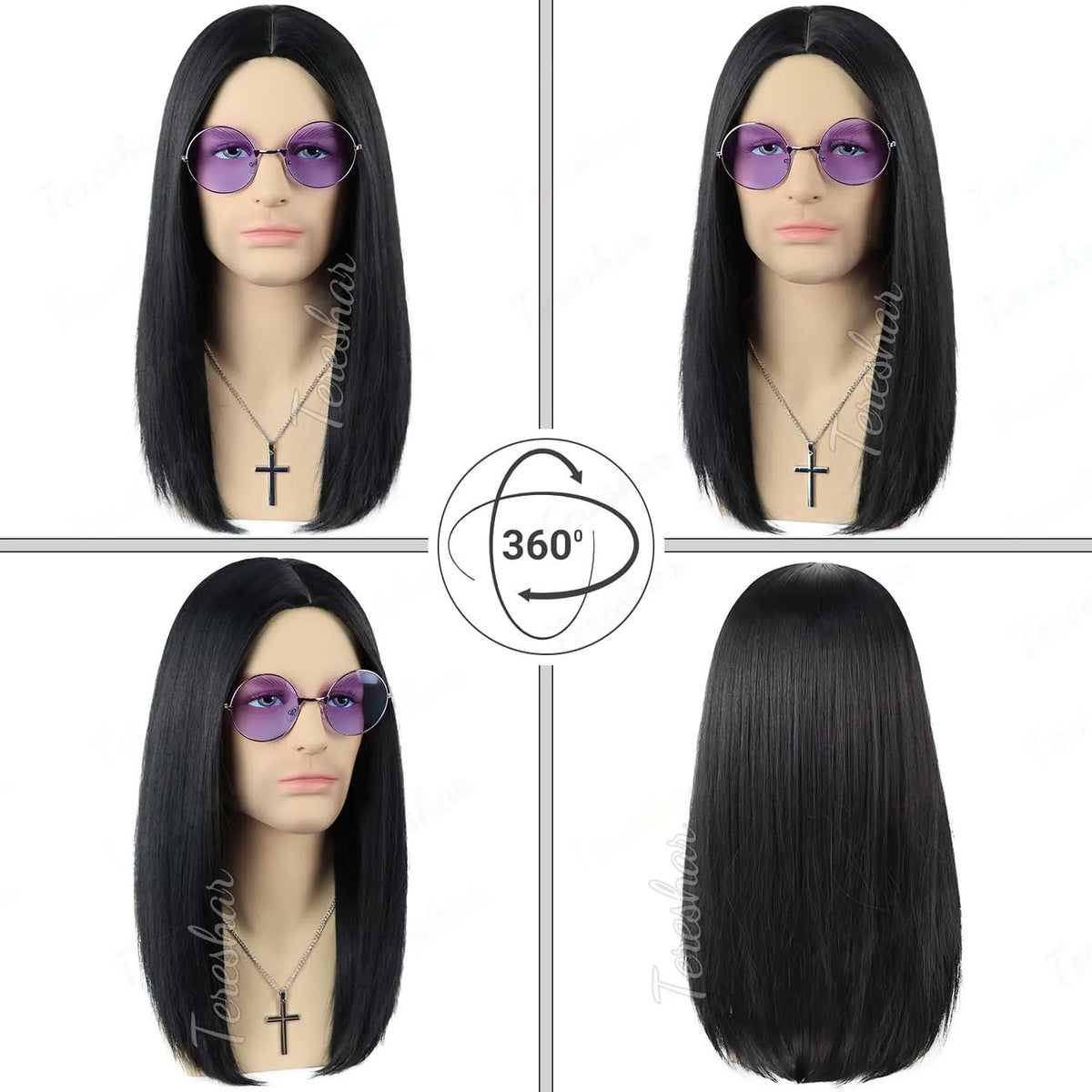 80s Heavy Metal Rocker Costume Wig Set with Glasses and Cross Necklace