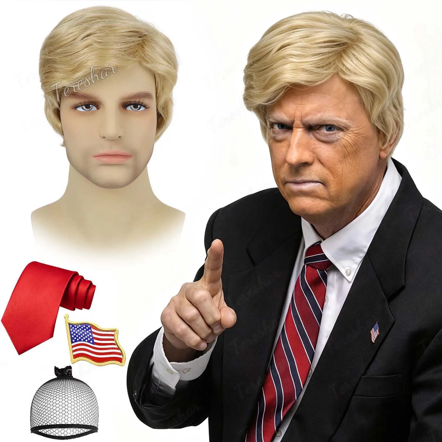 Short Blonde Men's Cosplay Wig with Red Tie and Flag Pin for Halloween - 1