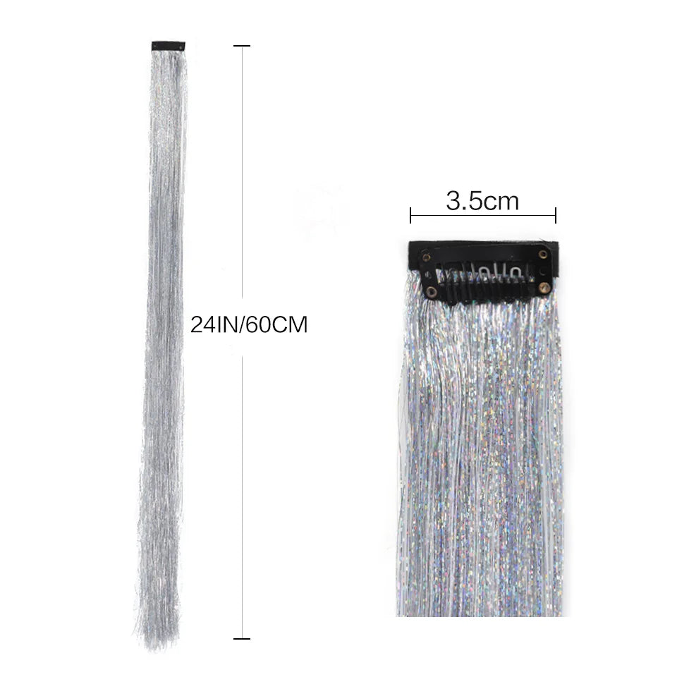 24-Inch Glitter Tinsel Clip-In Hair Extensions for Parties