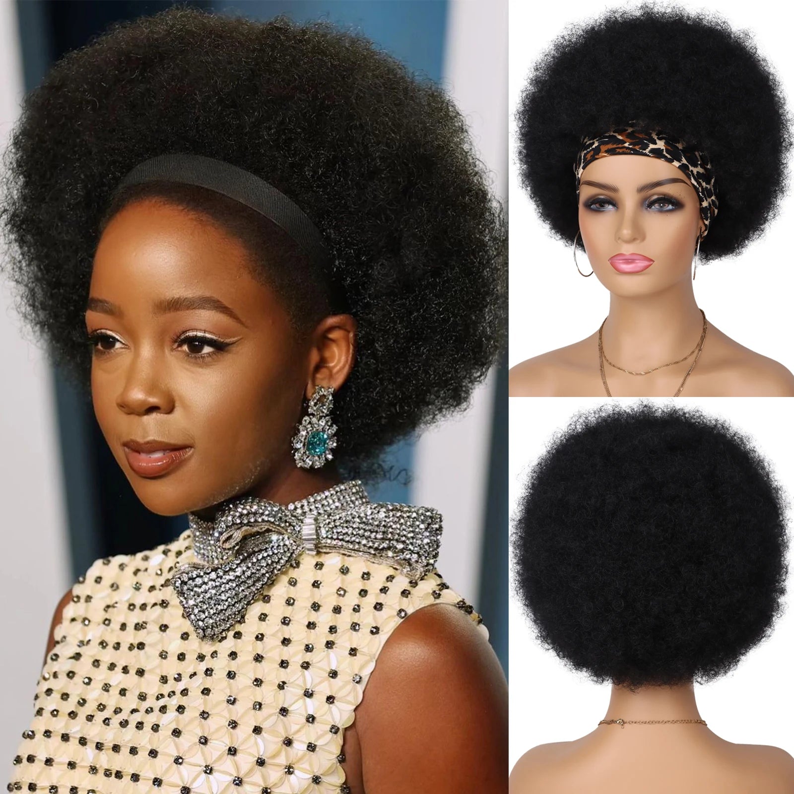 Short Kinky Curly Afro Puff Headband Wig for Daily Use - 1