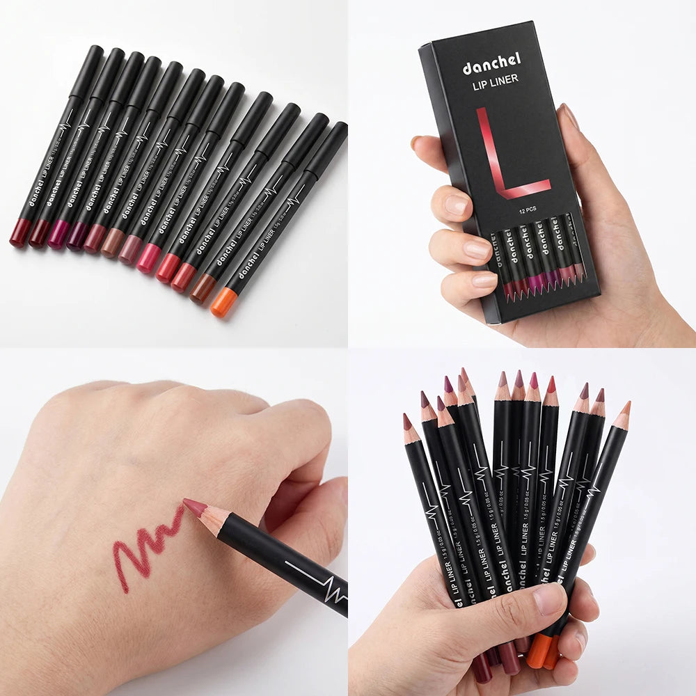 Professional 12-Color Semi-Matte Waterproof Lip Liner Pencil Set