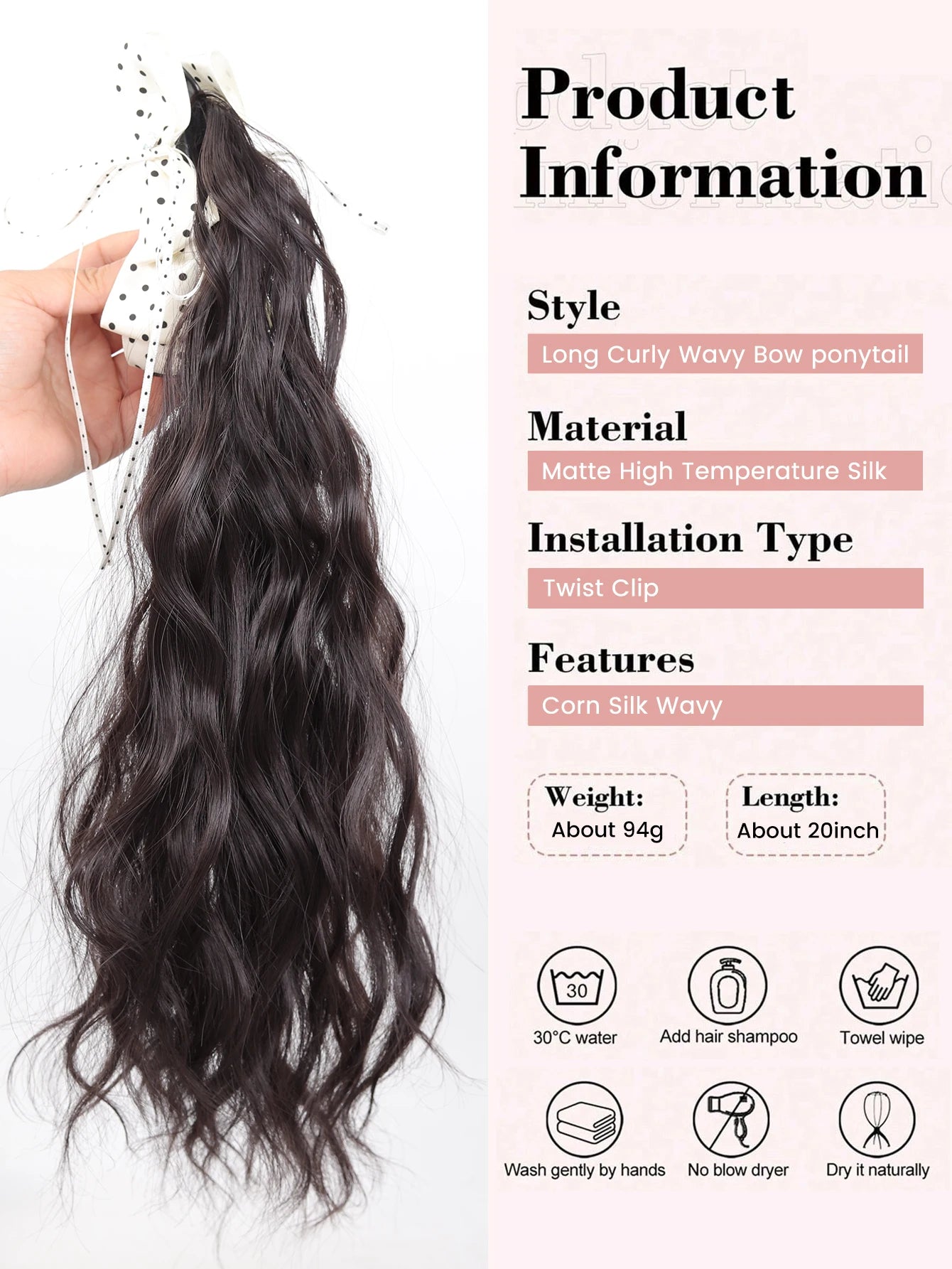 20-Inch Wavy Claw Clip Ponytail with Bow - 2