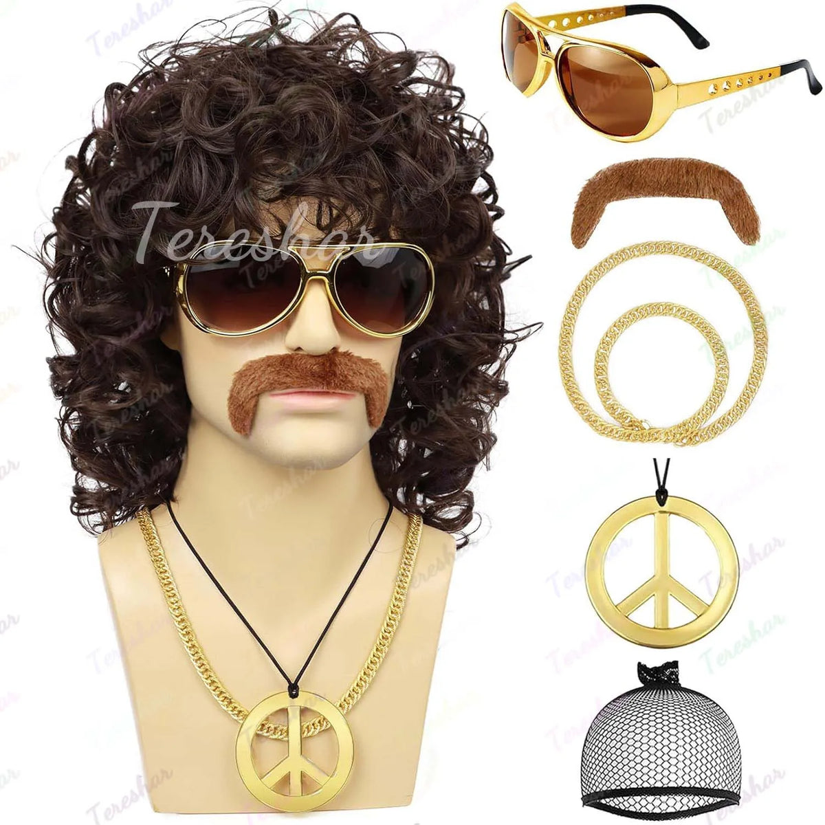 80s Rocker Curly Wig Set with Mustache Glasses and Gold Chain for Men