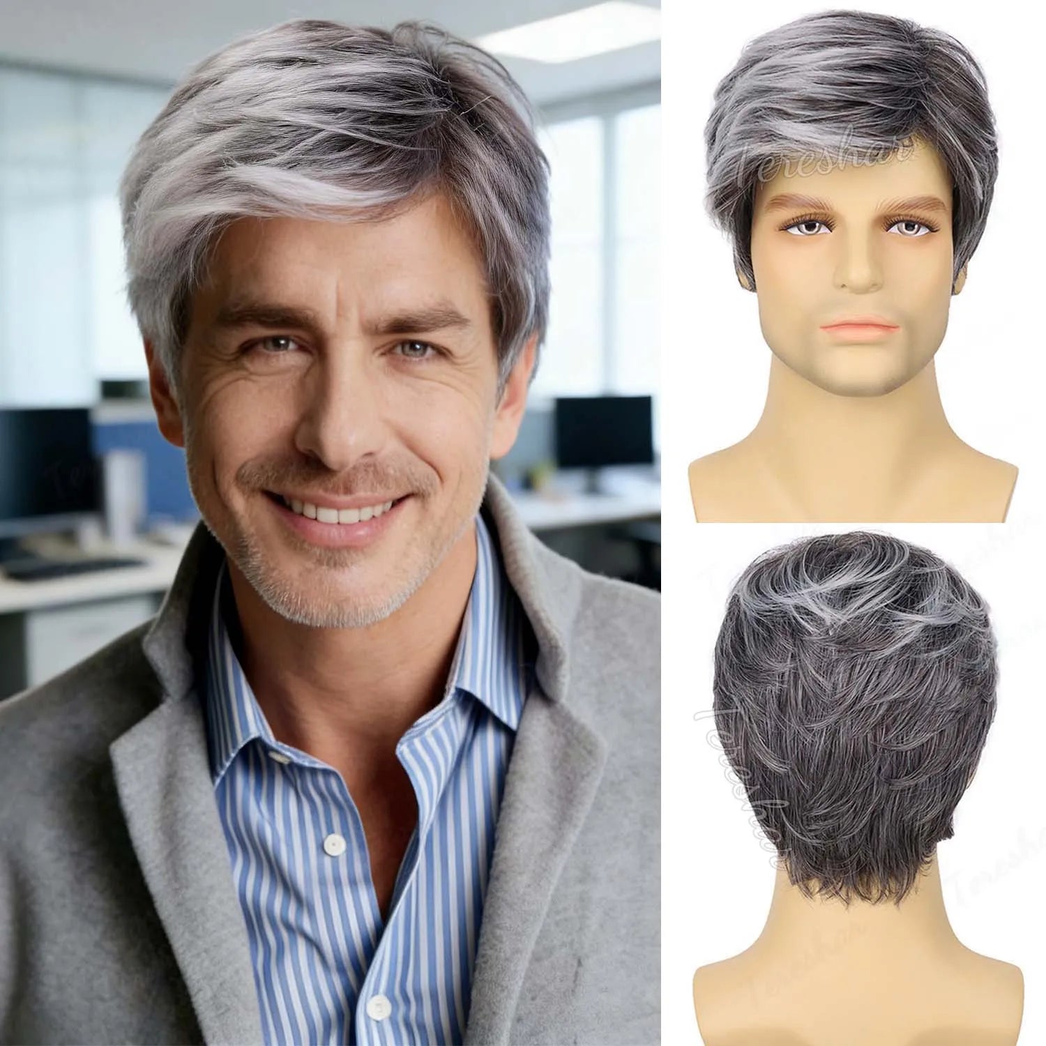 Short Grey Layered Wig for Men Costume Cosplay and Halloween Parties - 1