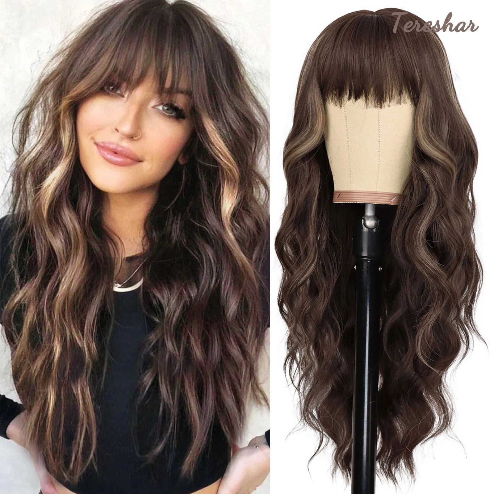 Long Wavy Synthetic Wig with Bangs for Daily Use and Parties - 1