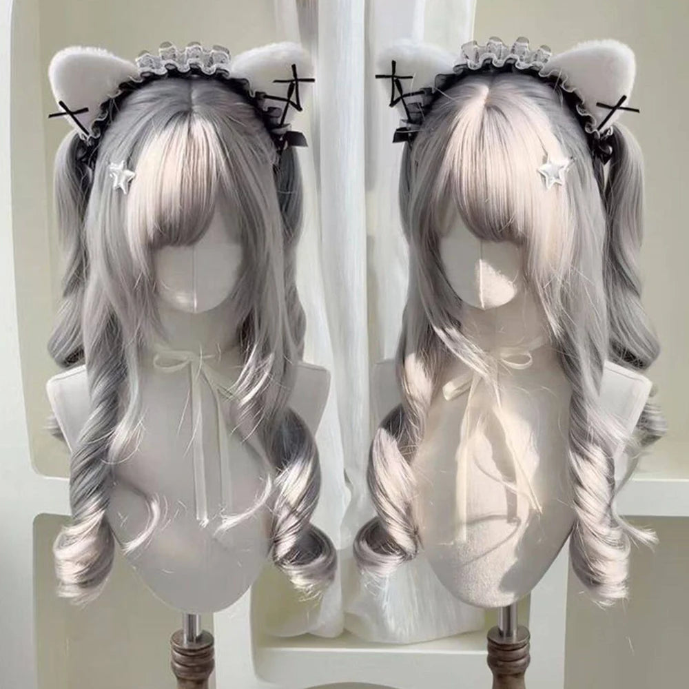 Long Wavy Silver Gray Cosplay Wig with Bangs for Women