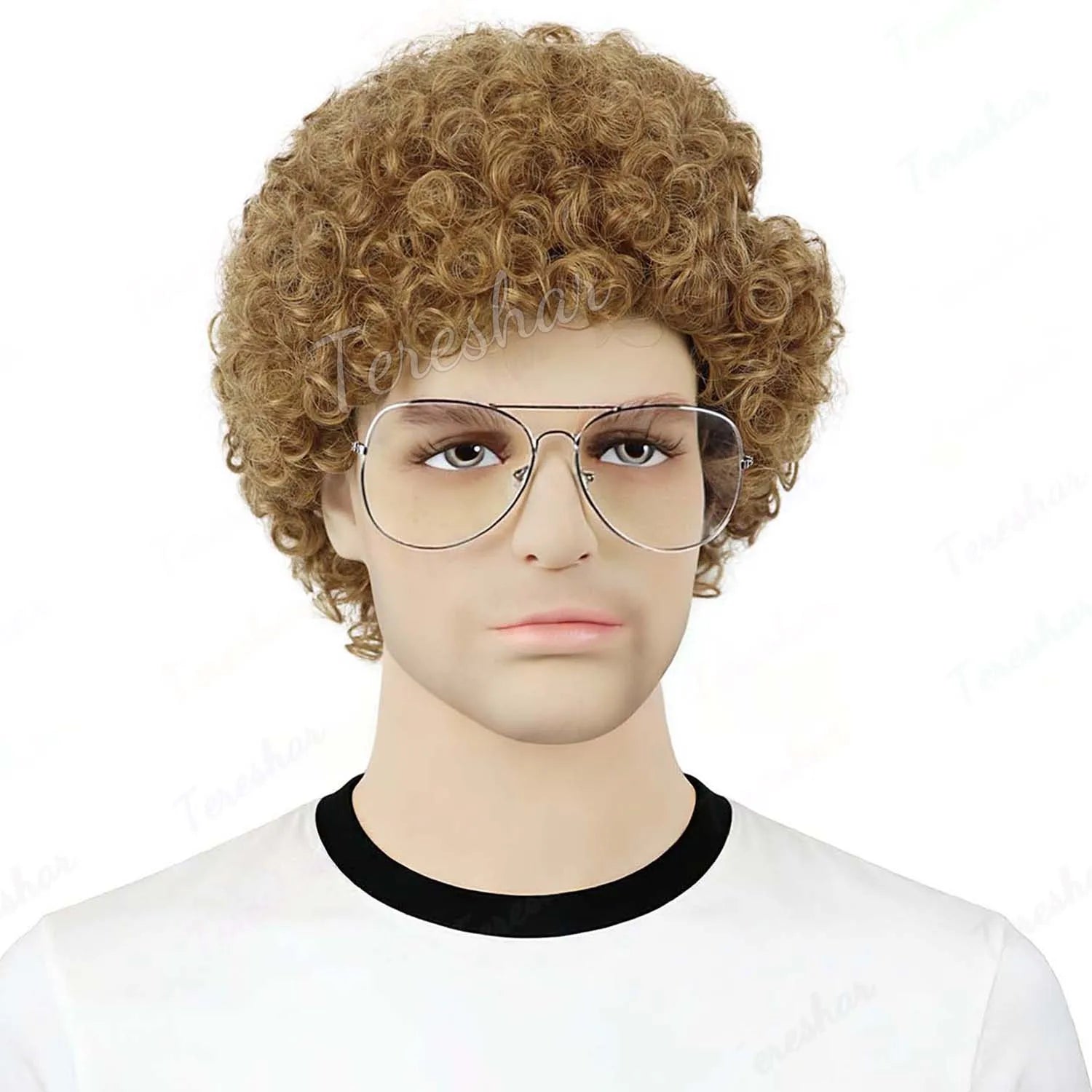 Short Brown Curly Afro Wig with Glasses for Men Costume and Cosplay - 3