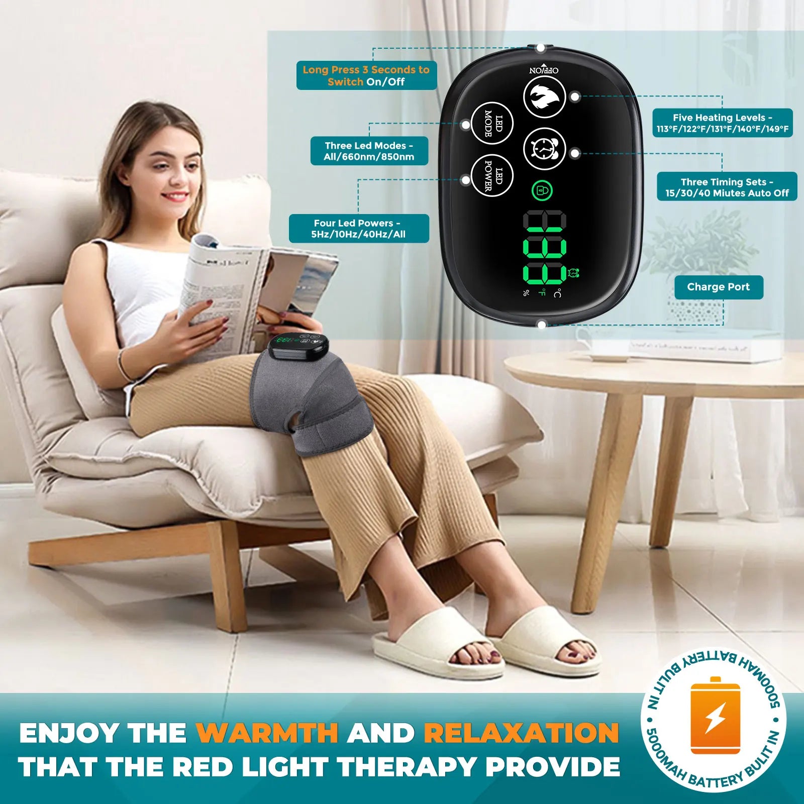 Cordless Heated Knee and Joint Wrap with Adjustable Heat and Red Light - 4