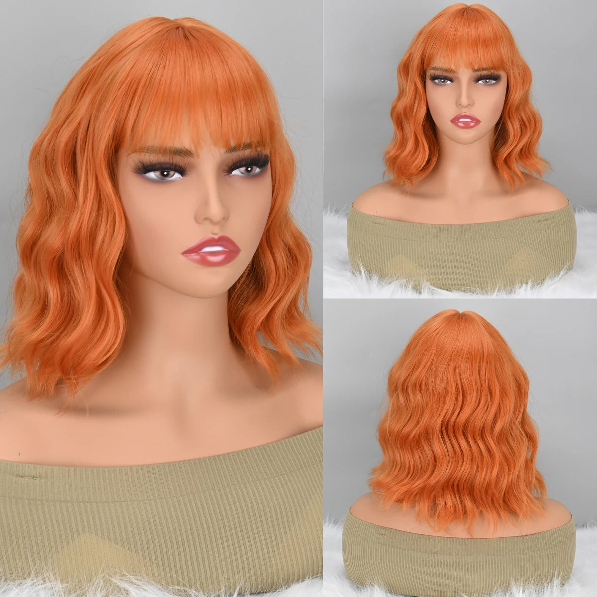 Short Wavy Bob Wig with Bangs for Daily Wear - 19