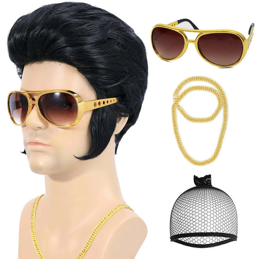 50s Rocker Elvis Costume Wig Set with Sunglasses and Necklace